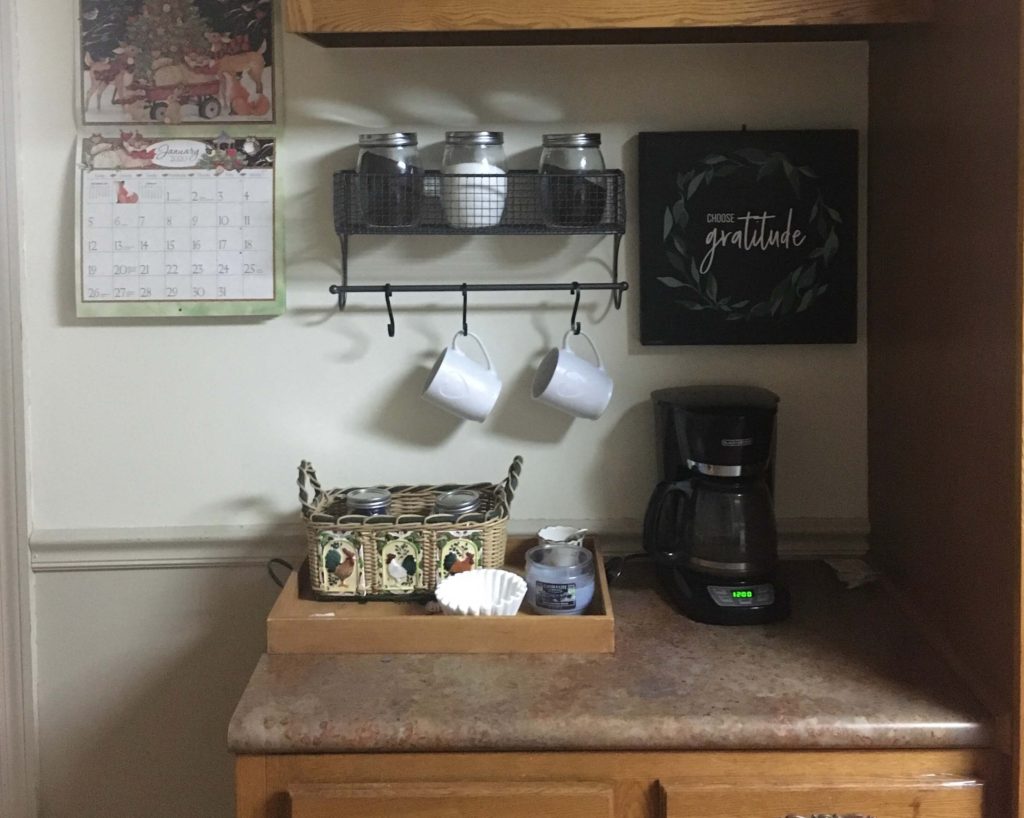 A picture of new designed coffee area in author's kitchen, symbolizing a small win from the month she tried to care.